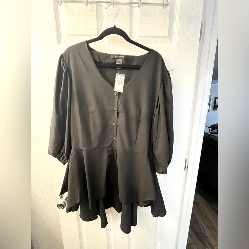 Ashley Stewart size 14 black button up blouse with tags and a fun flair. NWT.